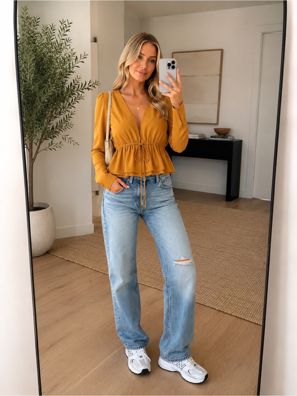 ARITZIA Sunday Best Golden Mustard Peplum Tie Front Blouse Medium